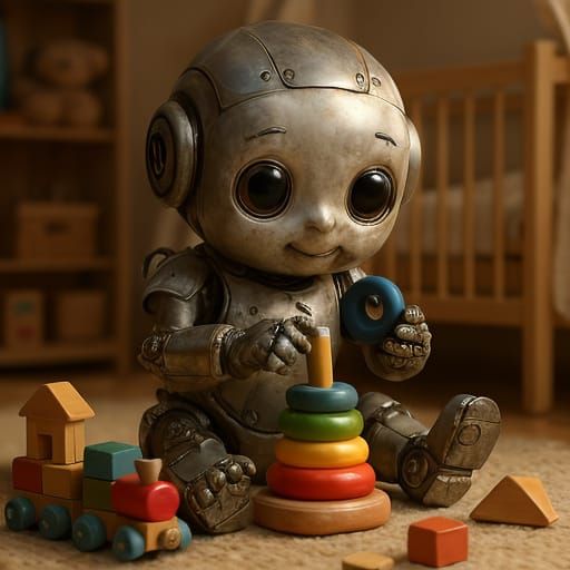 Hyperrealistic Cyborg Plays with Toys: Vibrant Digital Art