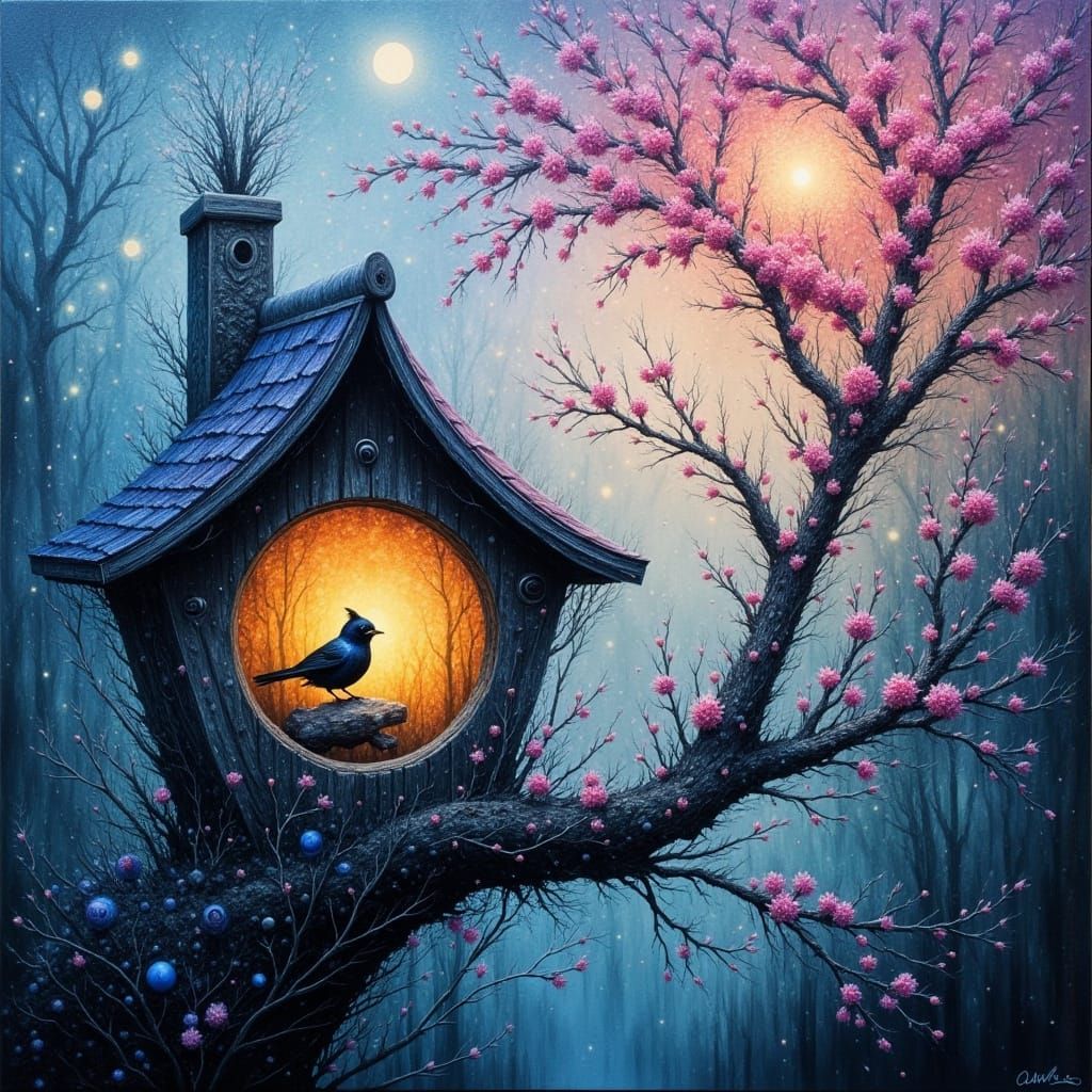 Celestial Birdhouse: Futuristic Abstract Fantasy Painting