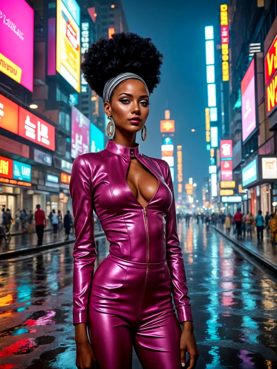 Supermodel in Neon Pink Power Suit, Retro-Futuristic City
