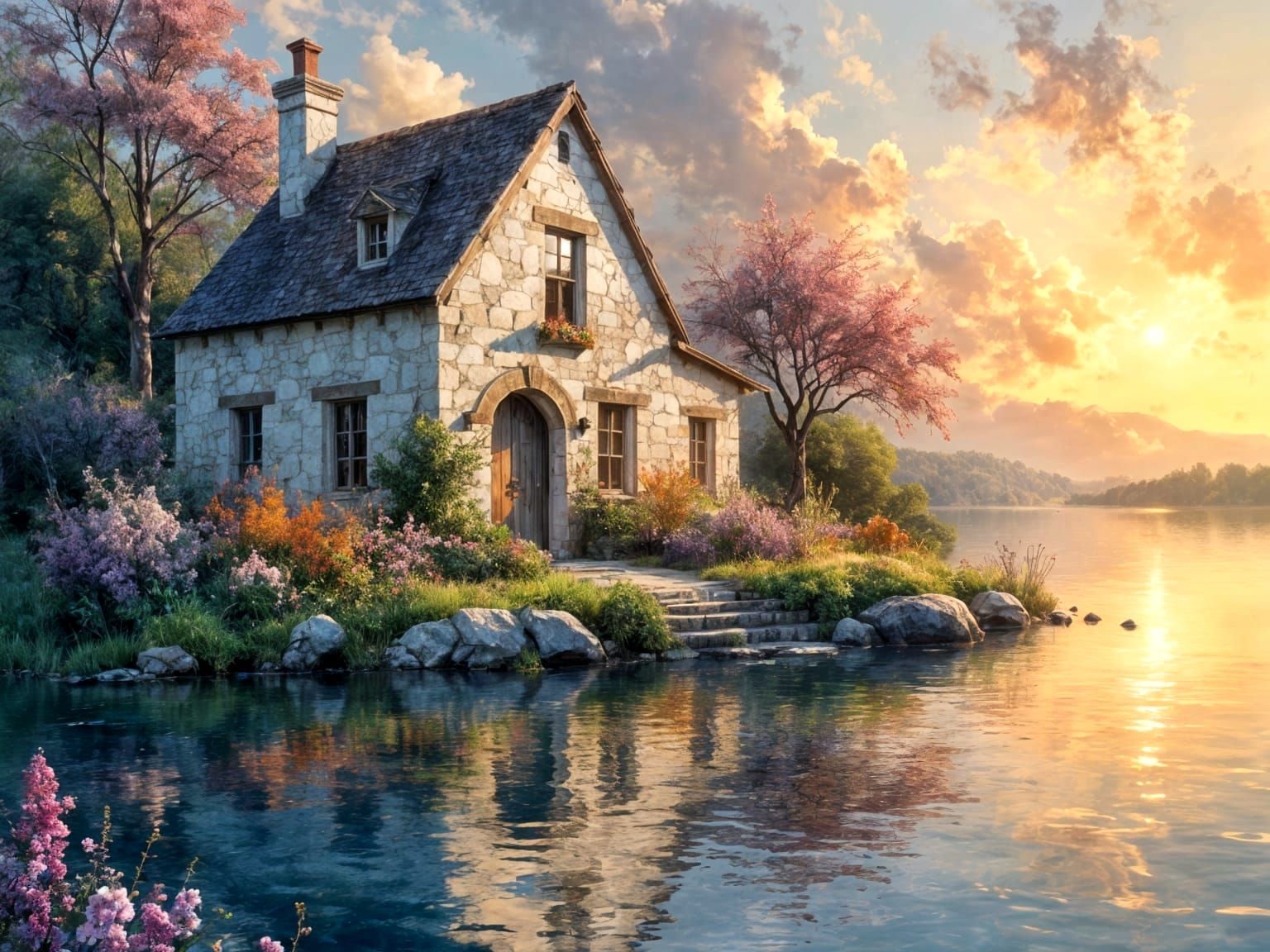 Whitewashed Island Cottage at Sunset in Vibrant Colors