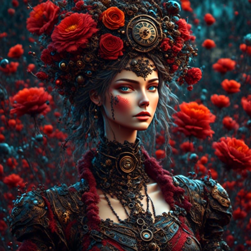 Steampunk Woman with Flowers in Crimson and Black