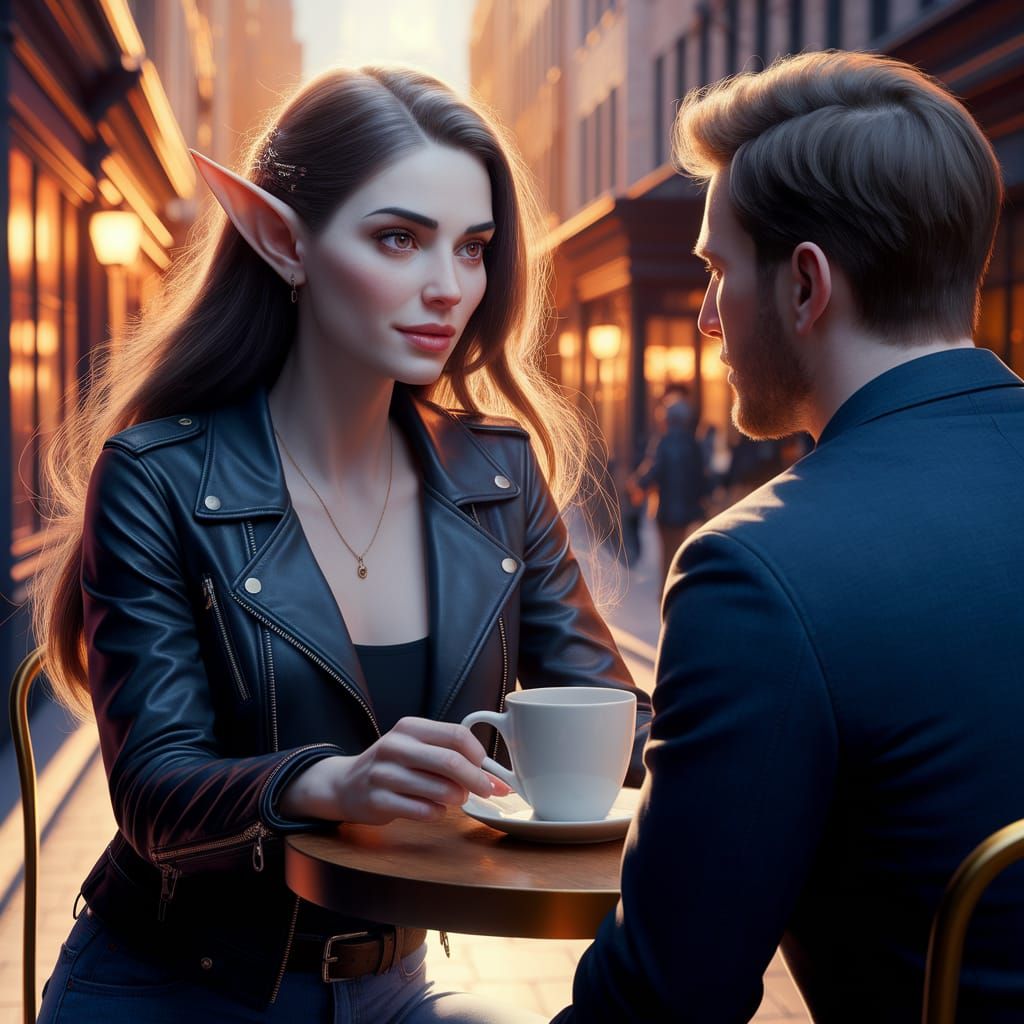 Elven Woman's Coffee Date in Golden Cityscape