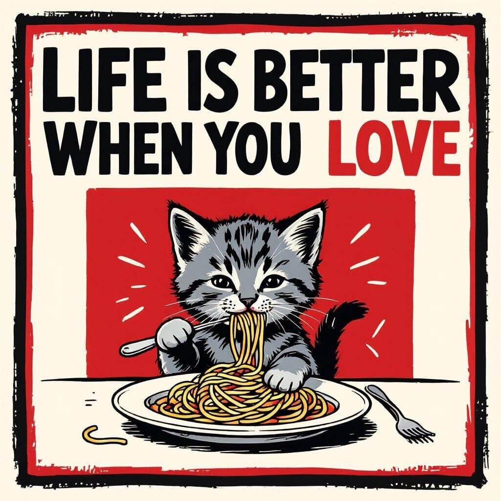 Cute Grey Kitten Eating Spaghetti in Red Square