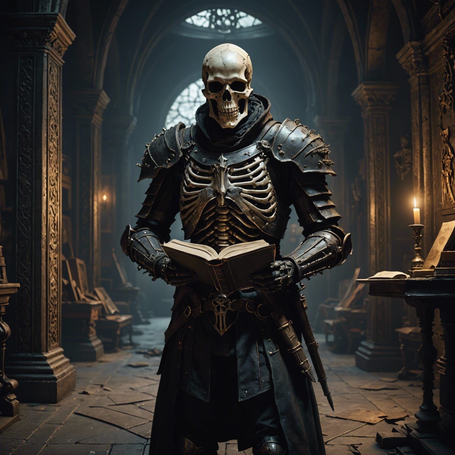 Skeletal Man with Book: Dark Fantasy Concept Art