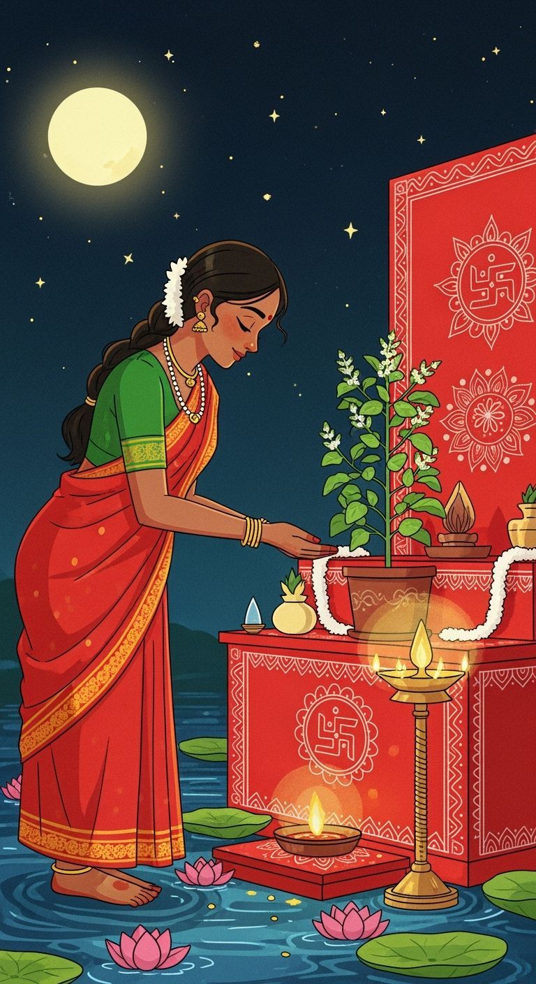 South Asian Woman Performing Tulsi Vivah Ceremony