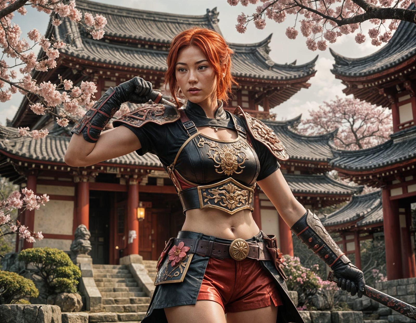 Red-Haired Warrior with Axe in Japan, Photorealistic