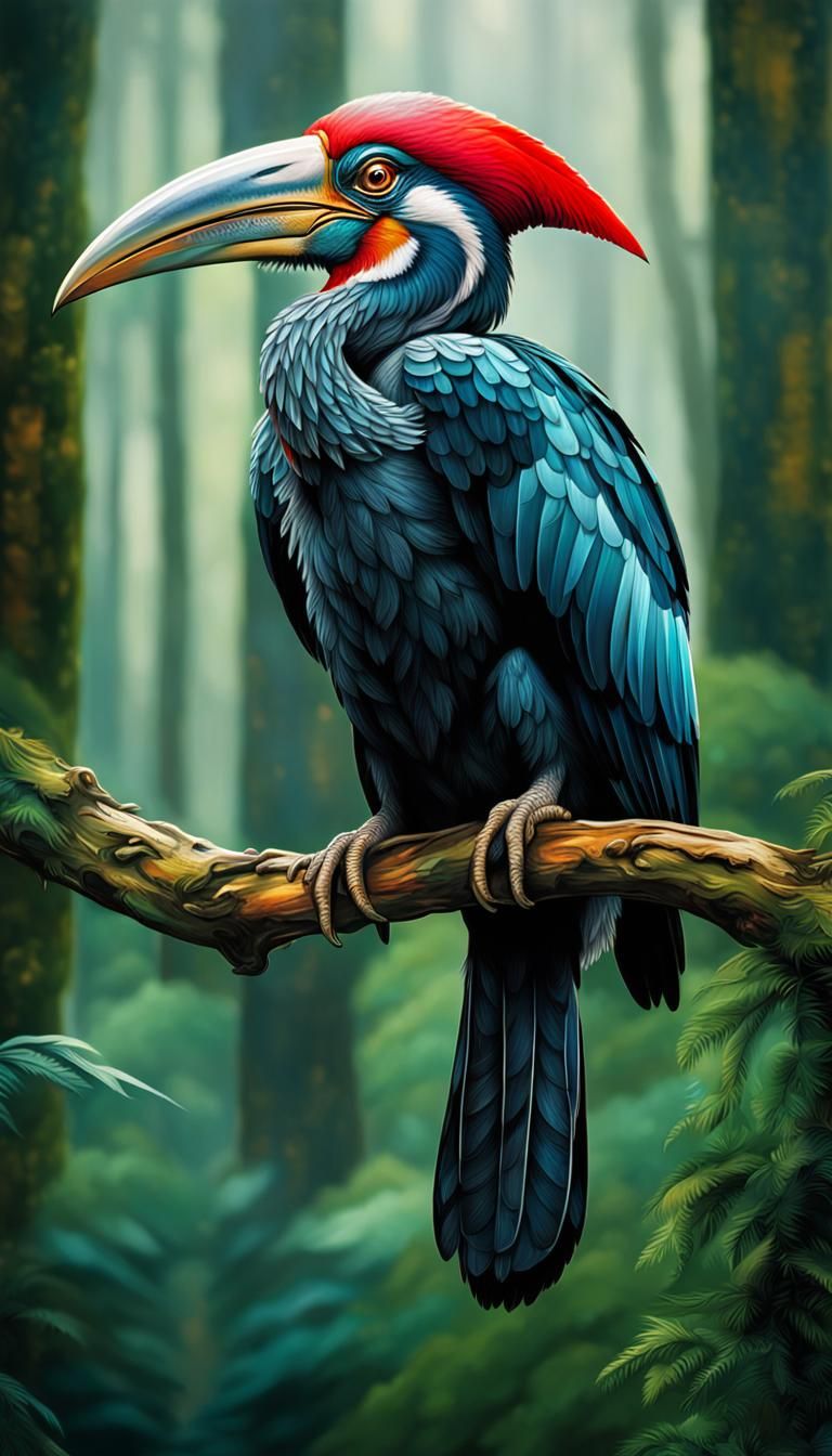 Hornbill in Forest, Fantasy Illustration