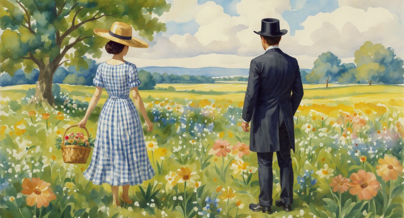 Woman Strolling in Flower Meadow: Watercolor Impressionism