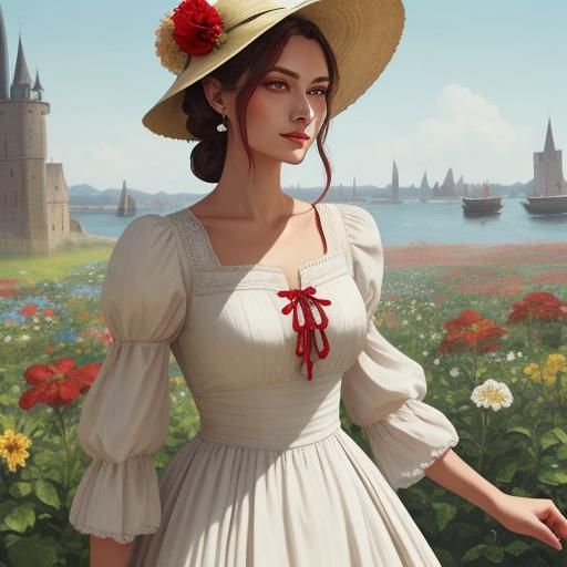 Woman with Flowers in Sunhat and Medieval Dress