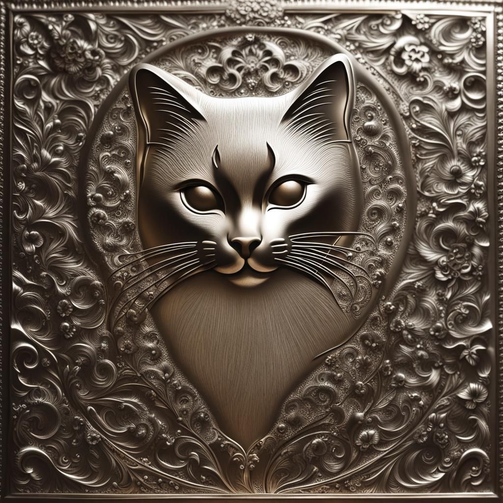 Intricately Detailed Engraved Metal Cat Photograph