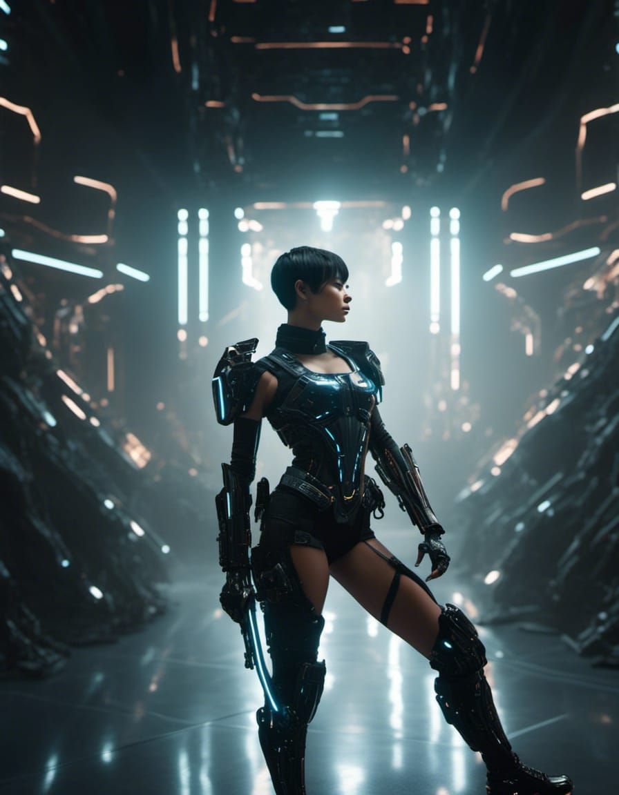 Female Cyberpunk Warrior in Hall of Light