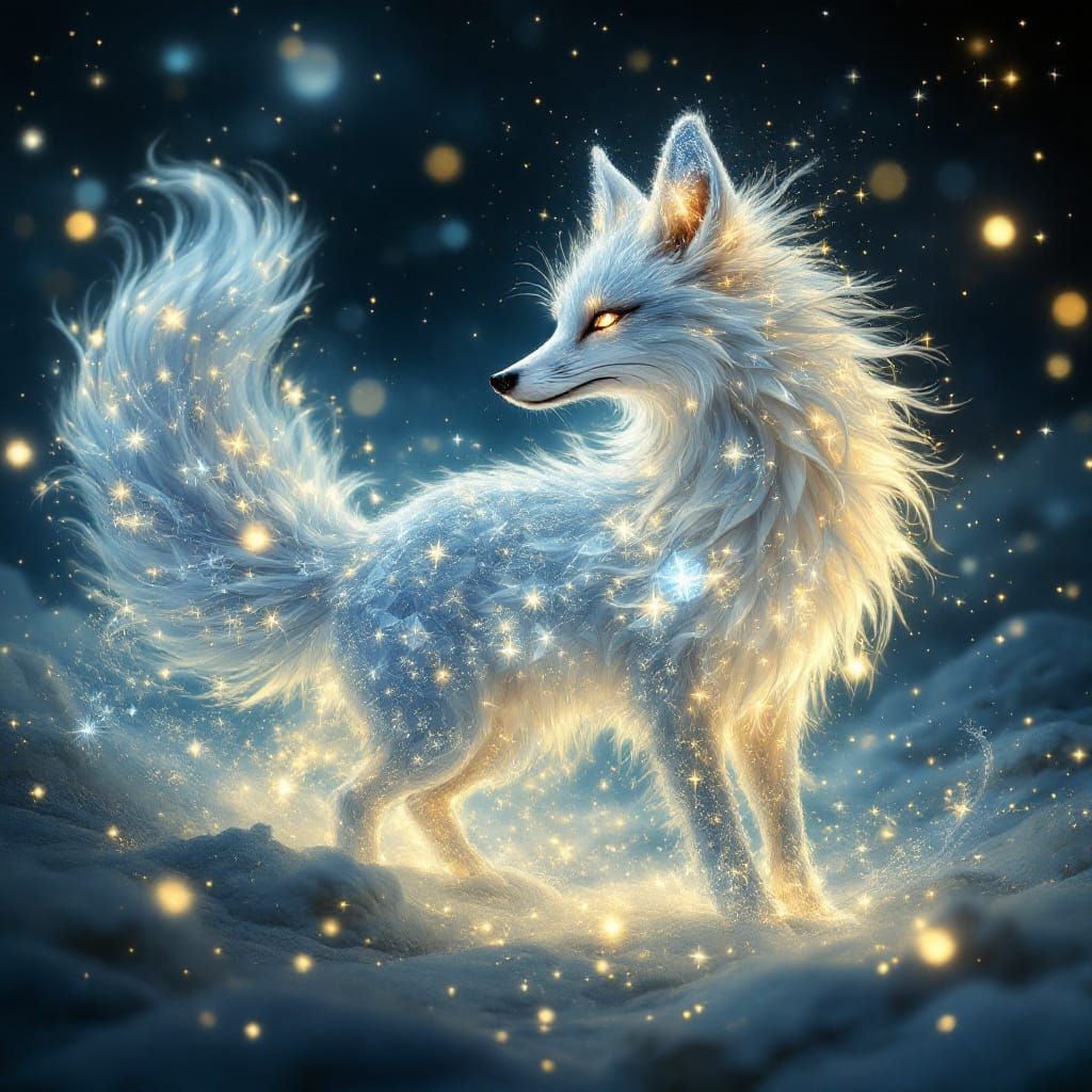 Luminous Ice Fox Dancing in Starry Night Sky