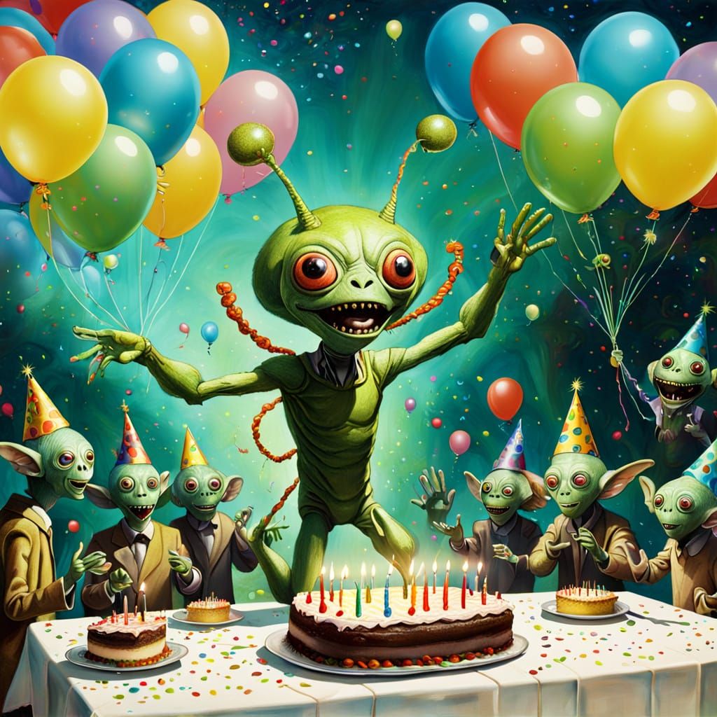 Mossy Alien Over Birthday Table in Bosch Style