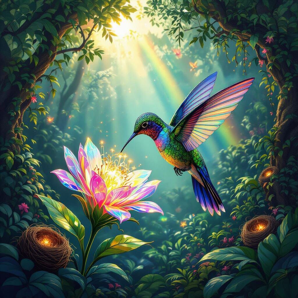 Bioluminescent Hummingbird in Alien Jungle, Art Nouveau Styl...