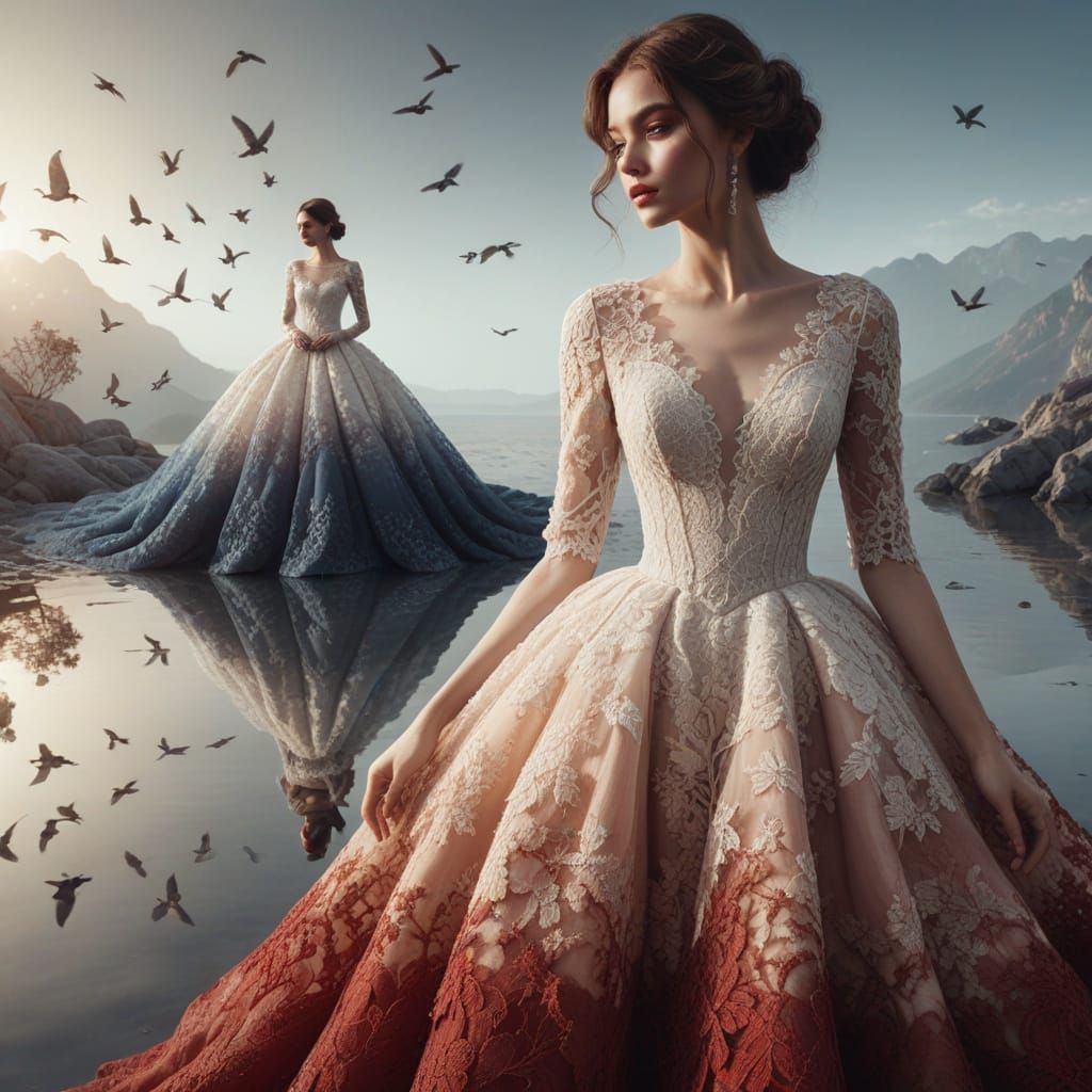 Fashion Model in Crimson Lace Gown at Sunset