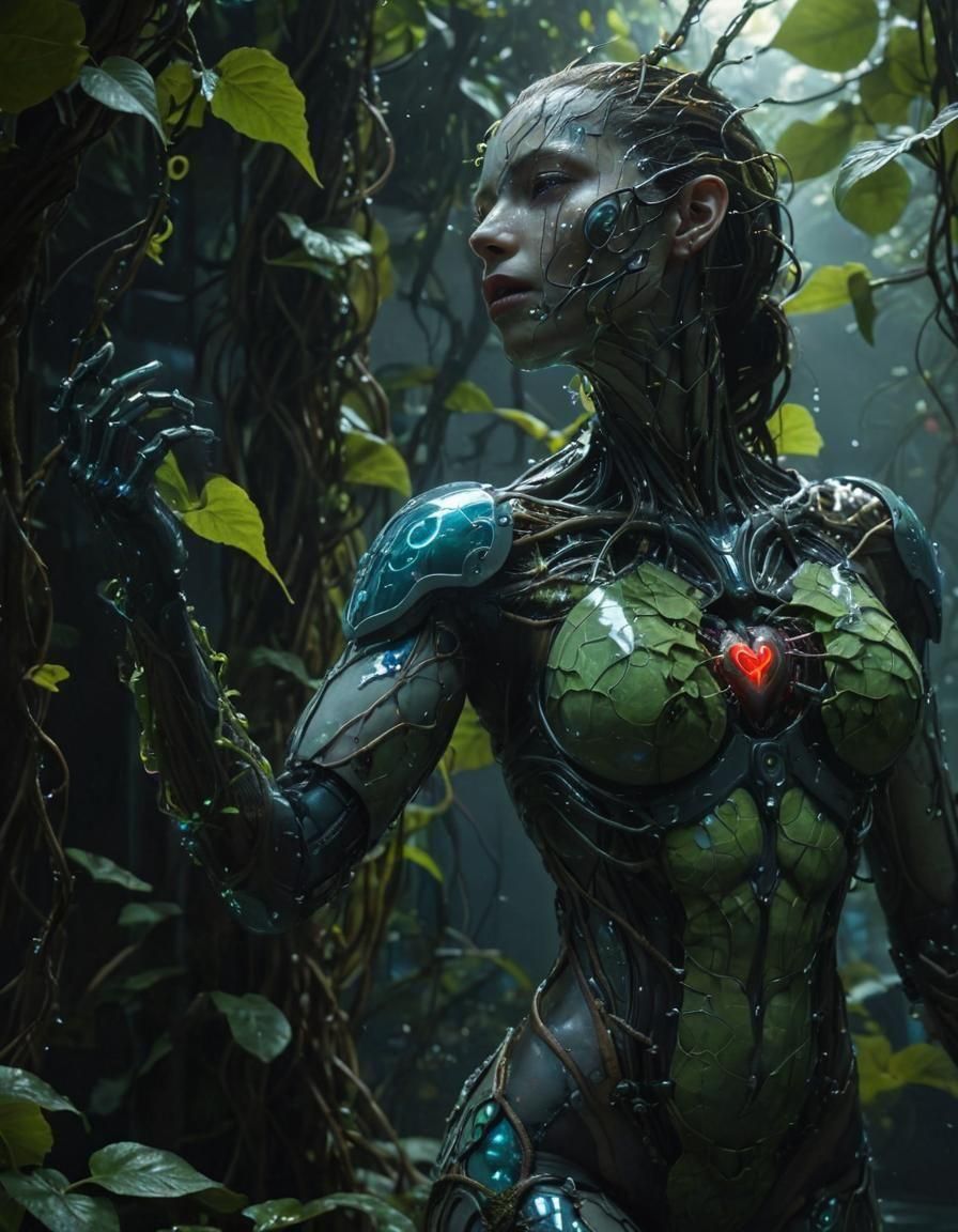 Cyberpunk Woman with Bioluminescent Heart and Cybernetic Arm...