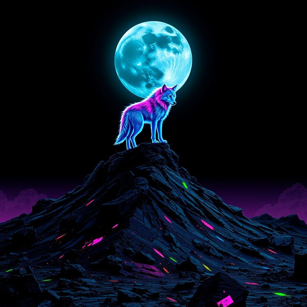 Cyberpunk Wolf Howls Under a Fragmented Moon