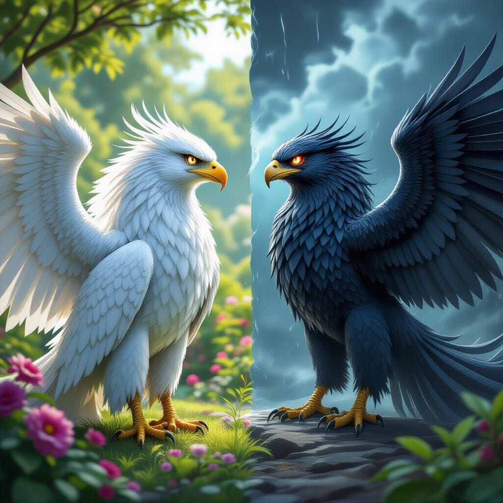 Griffin in Duality: Serene Garden vs. Mystical Battle