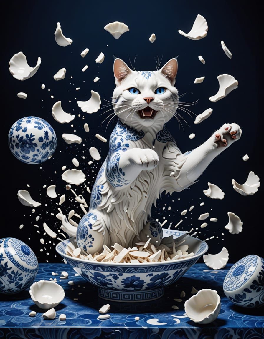 Cat Crashes Into Porcelain in Vibrant Chinese Art Style
