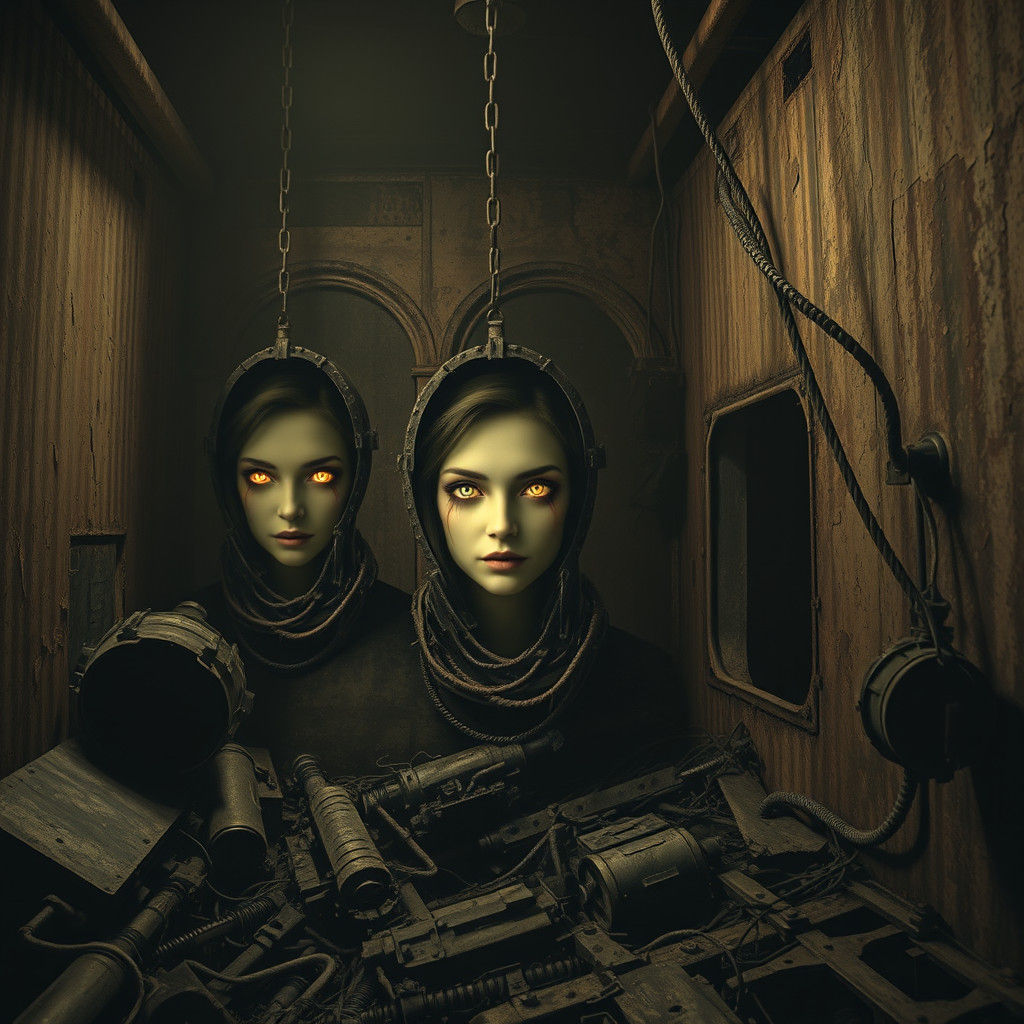 Ethereal Faces Emerge from Decaying Metal in Surreal Style