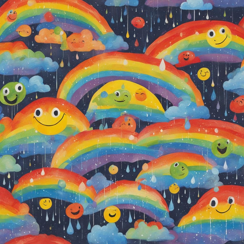 Smiley Sun Shines with Rainbow: Gouache Painting
