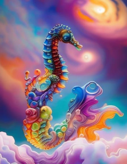 overdetailed close-up of a pregnant seahorse in an explosion of rainbow colors, polychromatic, Michael Kaluta, Aleksandr...