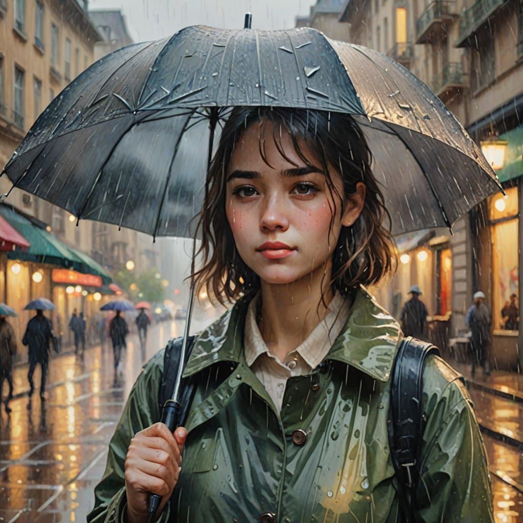 Impressionist Painting of Person in Rainy City