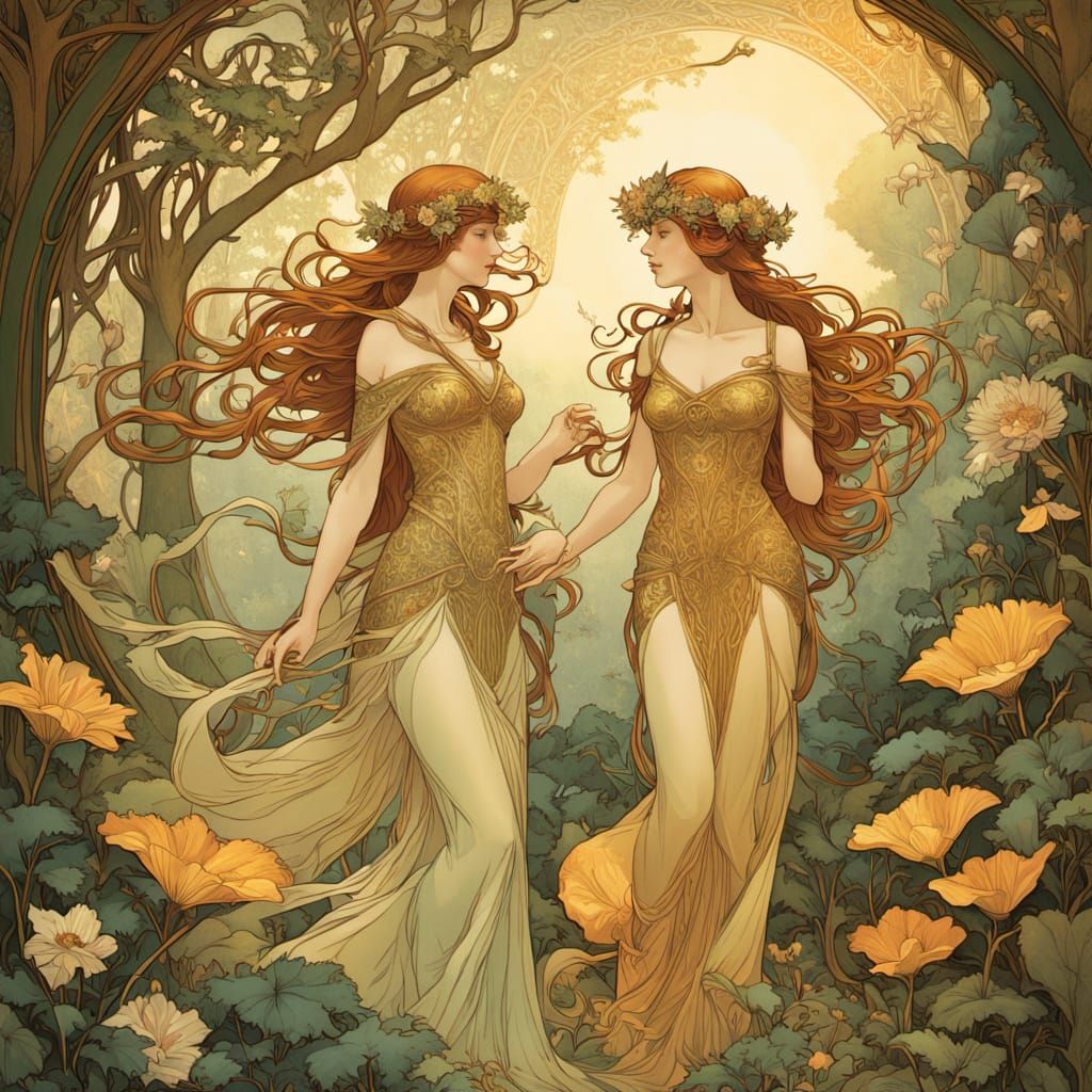 Art Nouveau Elves Dancing in Sunlit Forest Glade