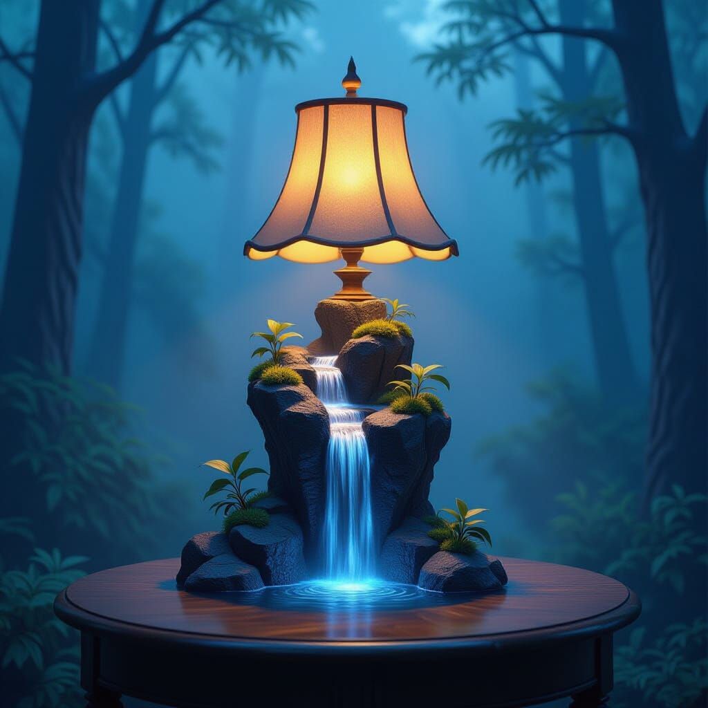 Waterfall Lamp on Wooden Table in Ethereal Mist