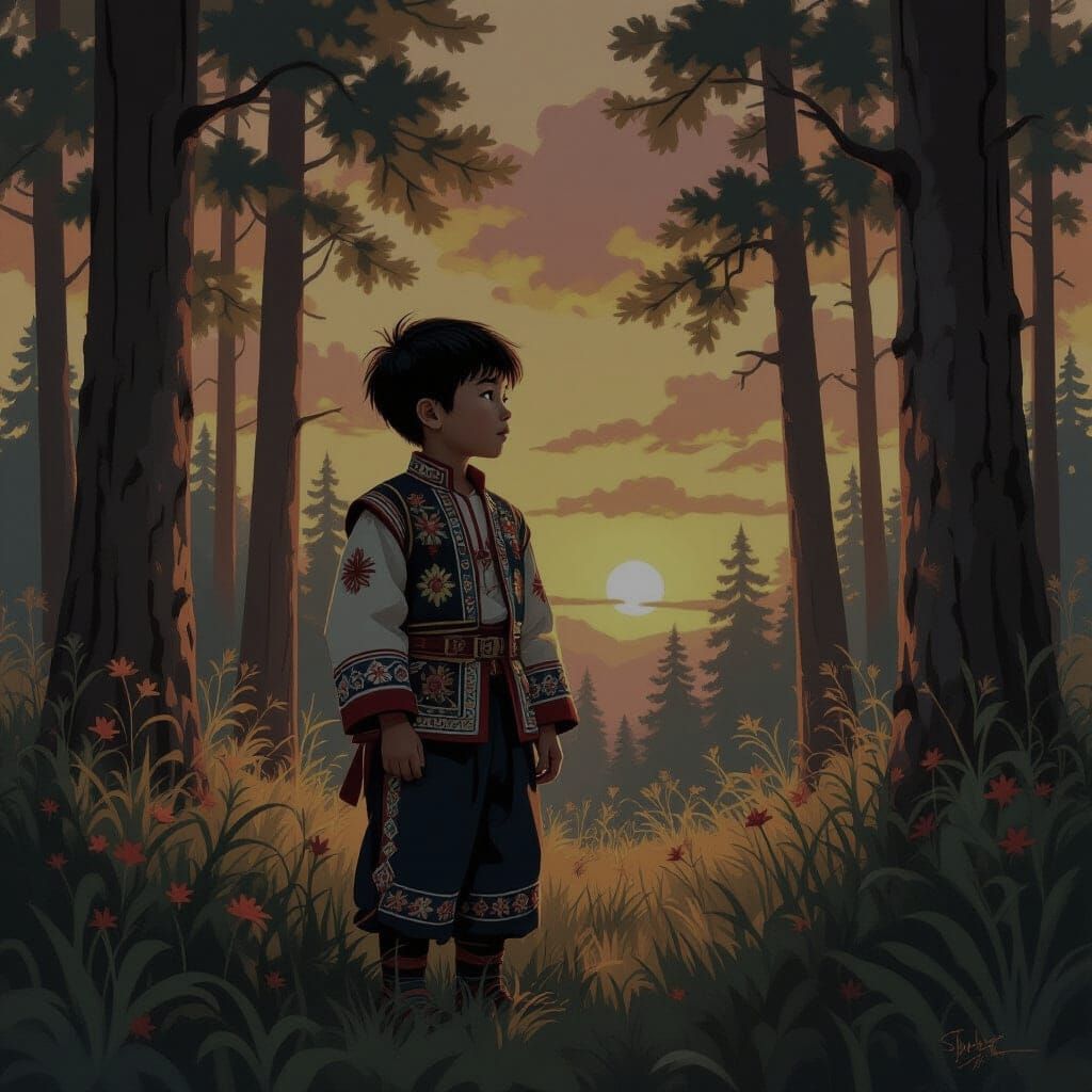 Hmong Boy in Traditional Costume at Sunset