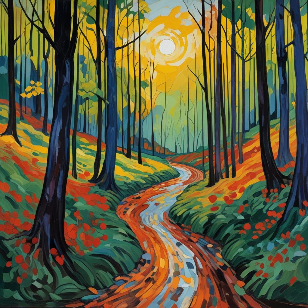 Expressionist Oil Painting: Dense Forest Landscape