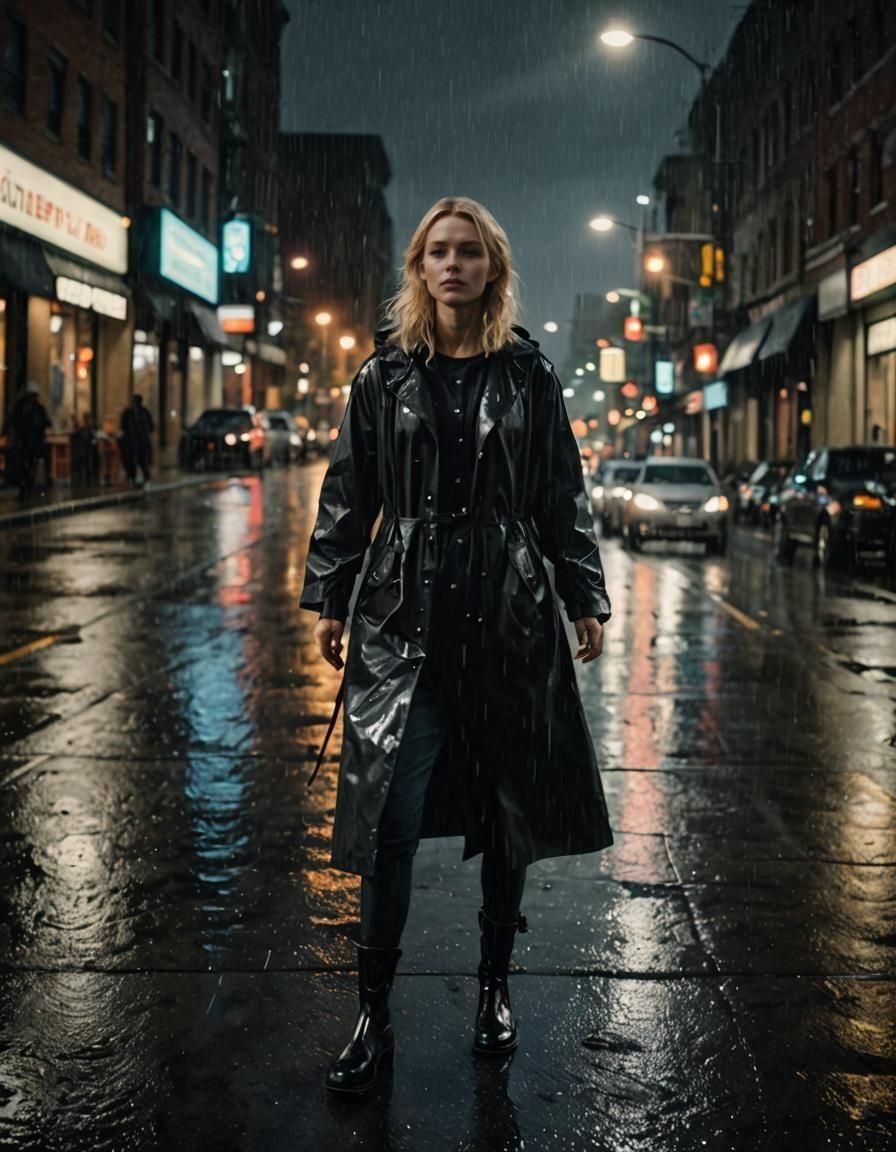 Blonde Woman in Raincoat Walking Across Street
