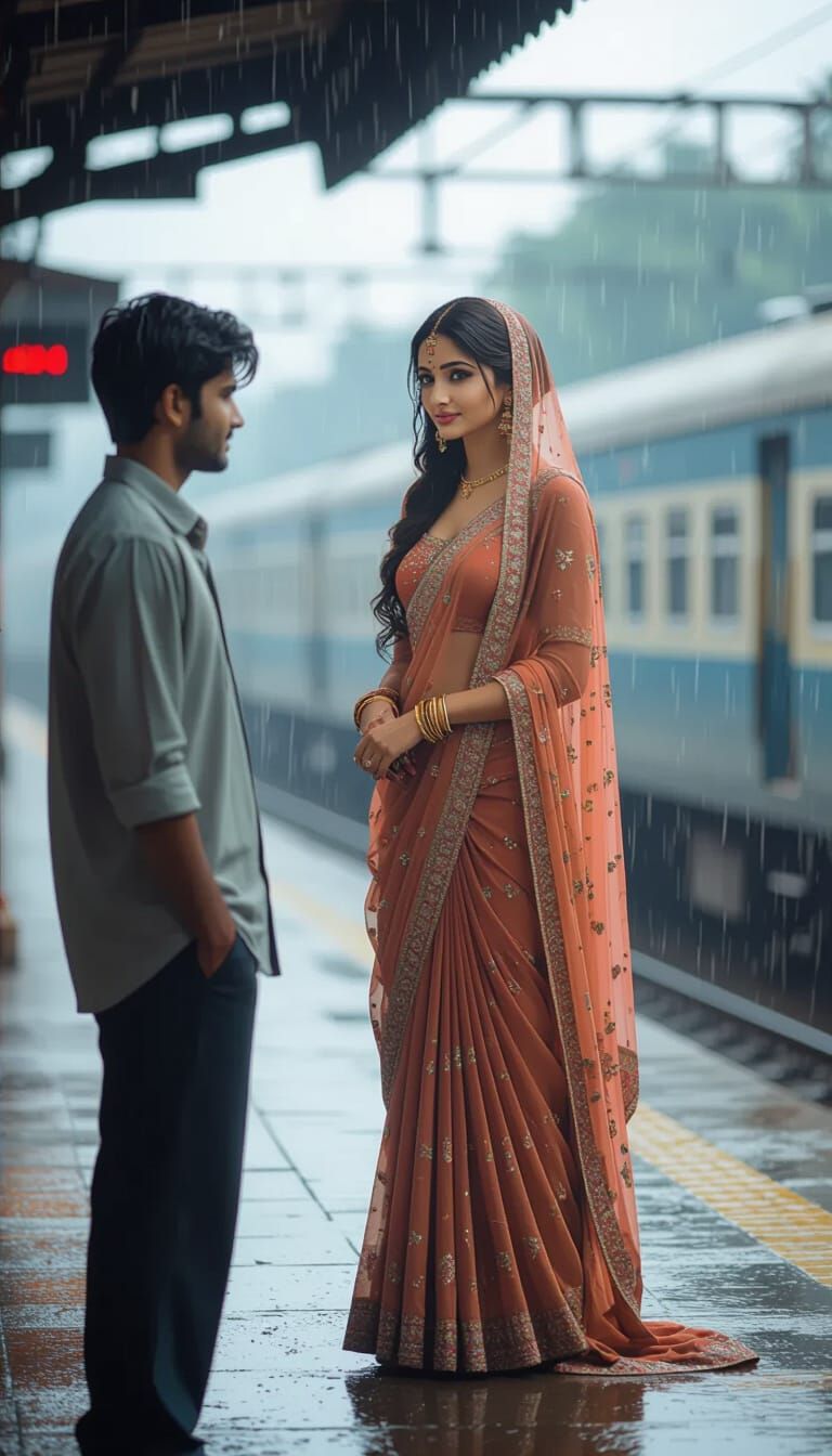 Indian Woman in Monsoon Rain: Cinematic Matte Painting
