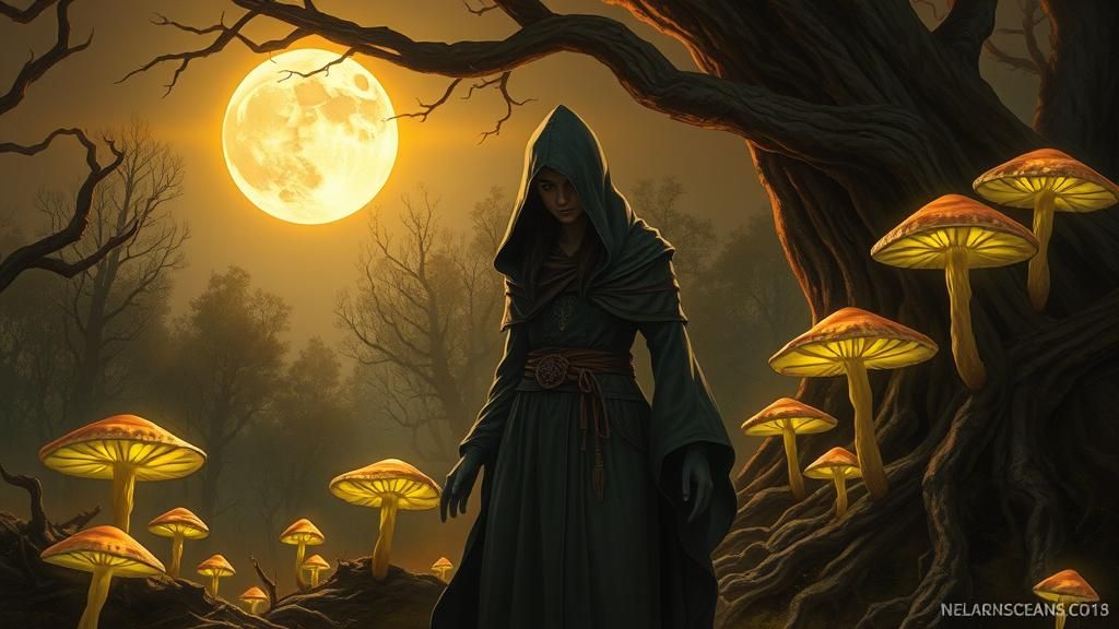 Hooded Sorceress in Primordial Forest at Lunar Eclipse