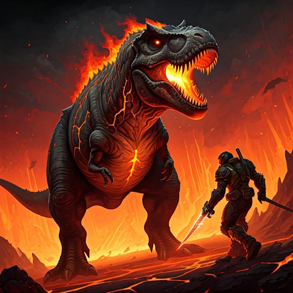 Demonic Tyrannosaurus Rex Confronts Doom Slayer