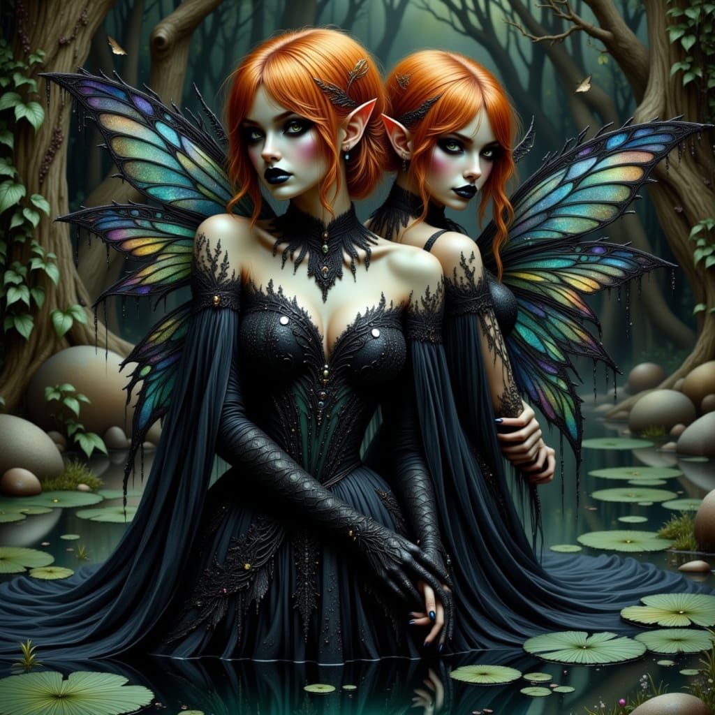 Gothic Fairies in Reflective Pond, Fantasy Art Style