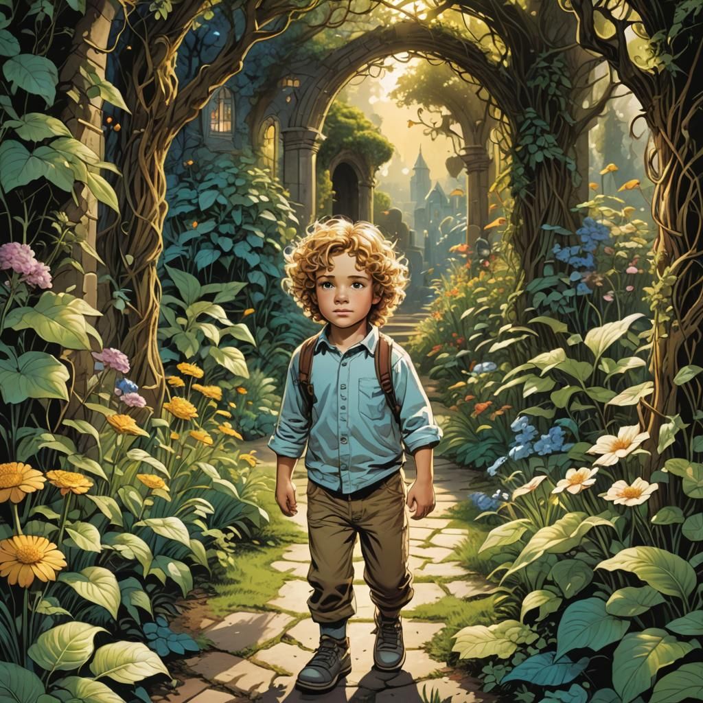 Magical Garden Discovery: Child Exploring a Hidden Entrance