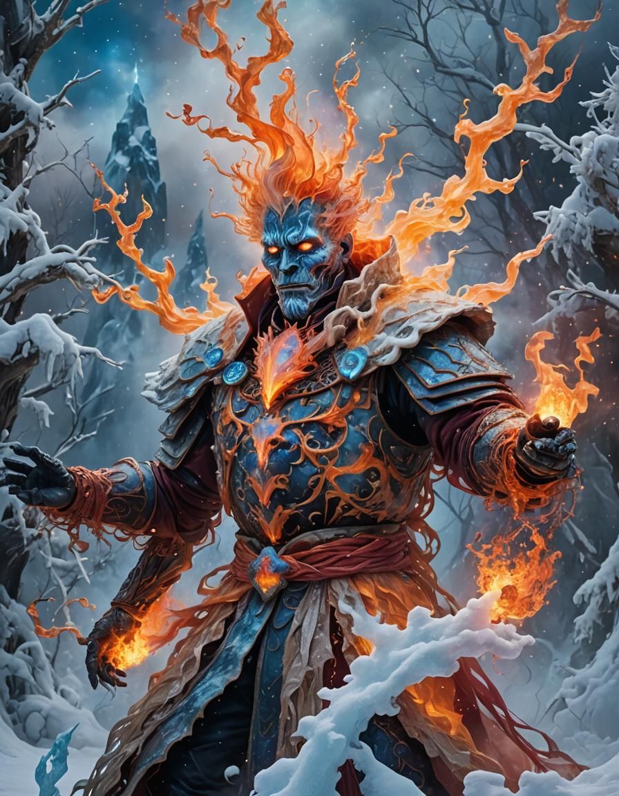 Fiery Snowman in Frozen Wilderness, Vector Rendered