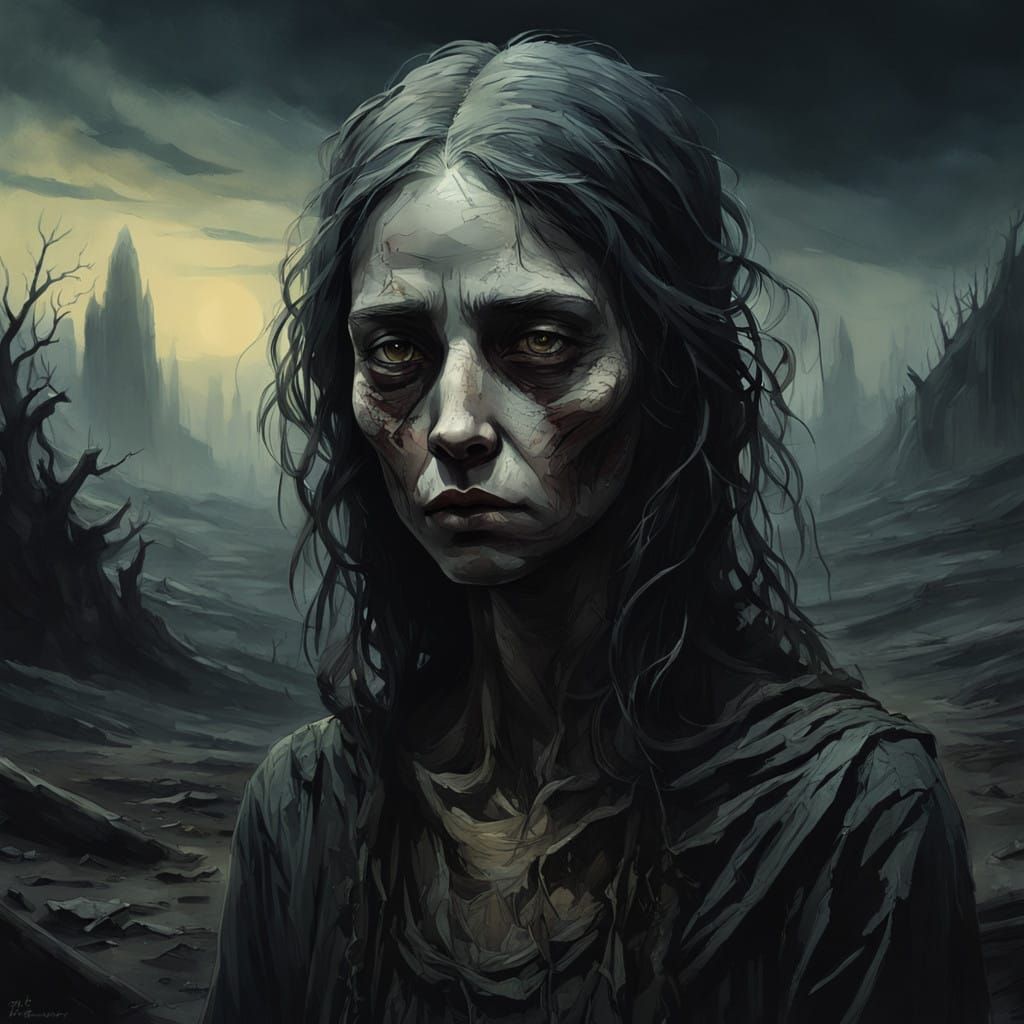 Weary Woman Lost in Desolate Landscape