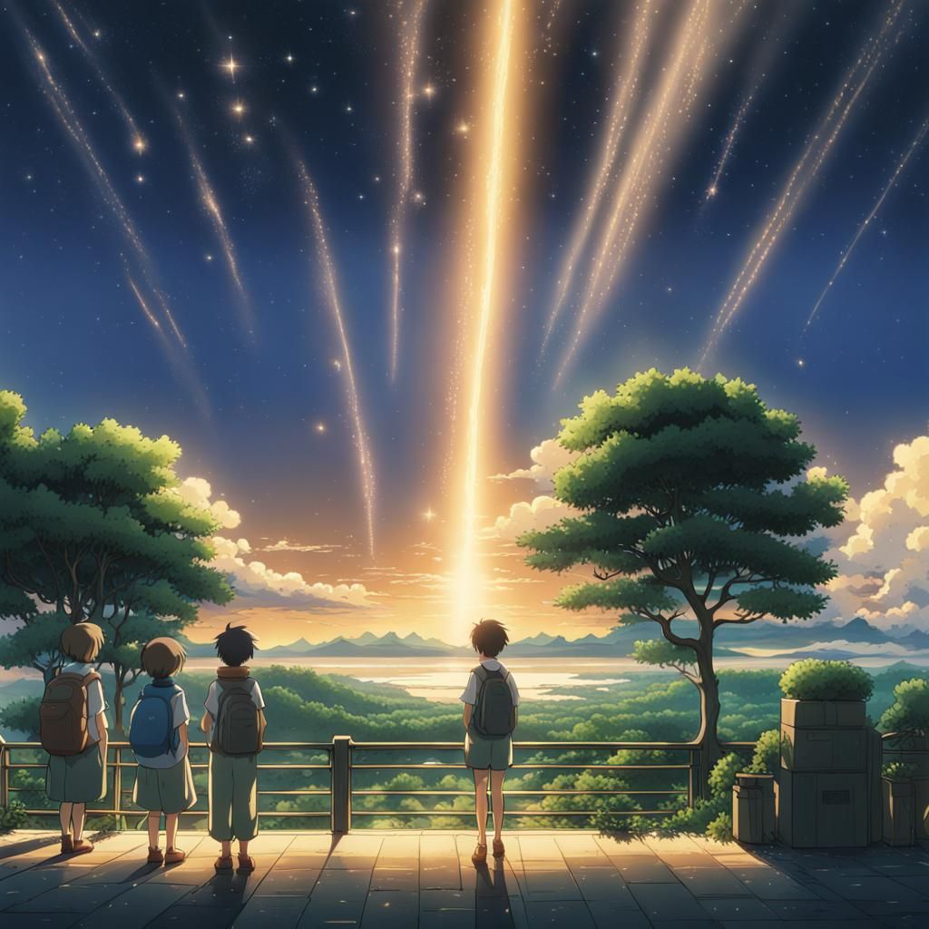People Watching Stars in Ghibli Anime Style