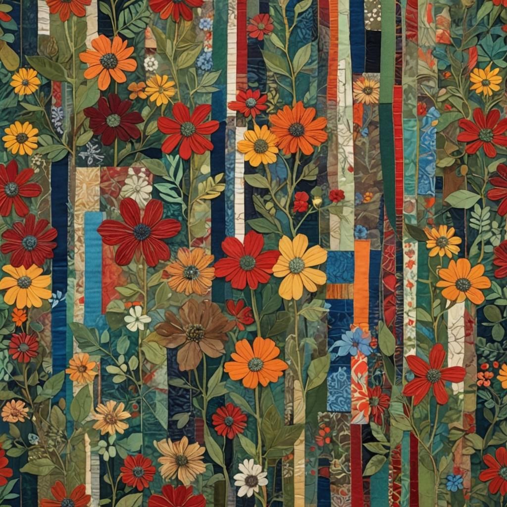 Vibrant Mixed Media Collage with Floral Patchwork