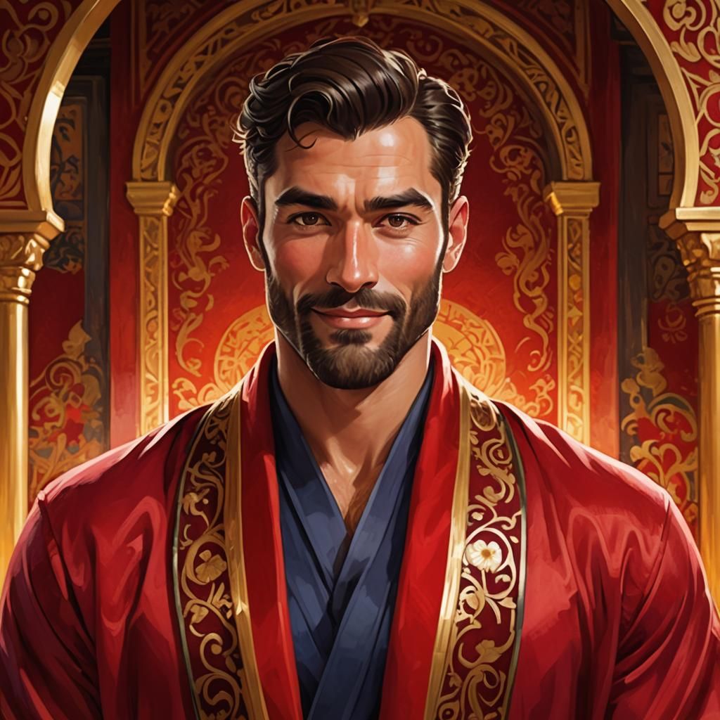 Radiant Hunk in Red Robe, Art Nouveau Style