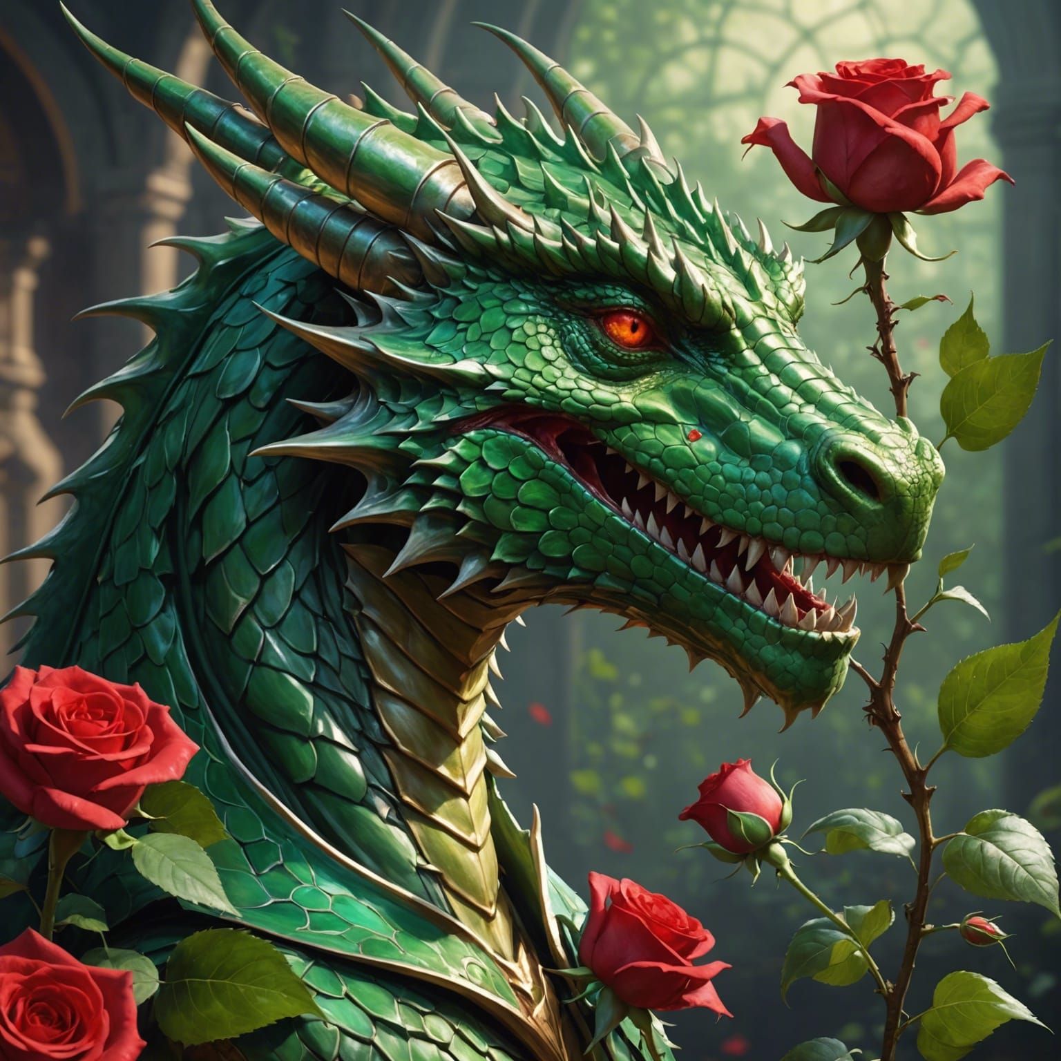 Green Dragon Smelling a Rose, Detailed Portrait