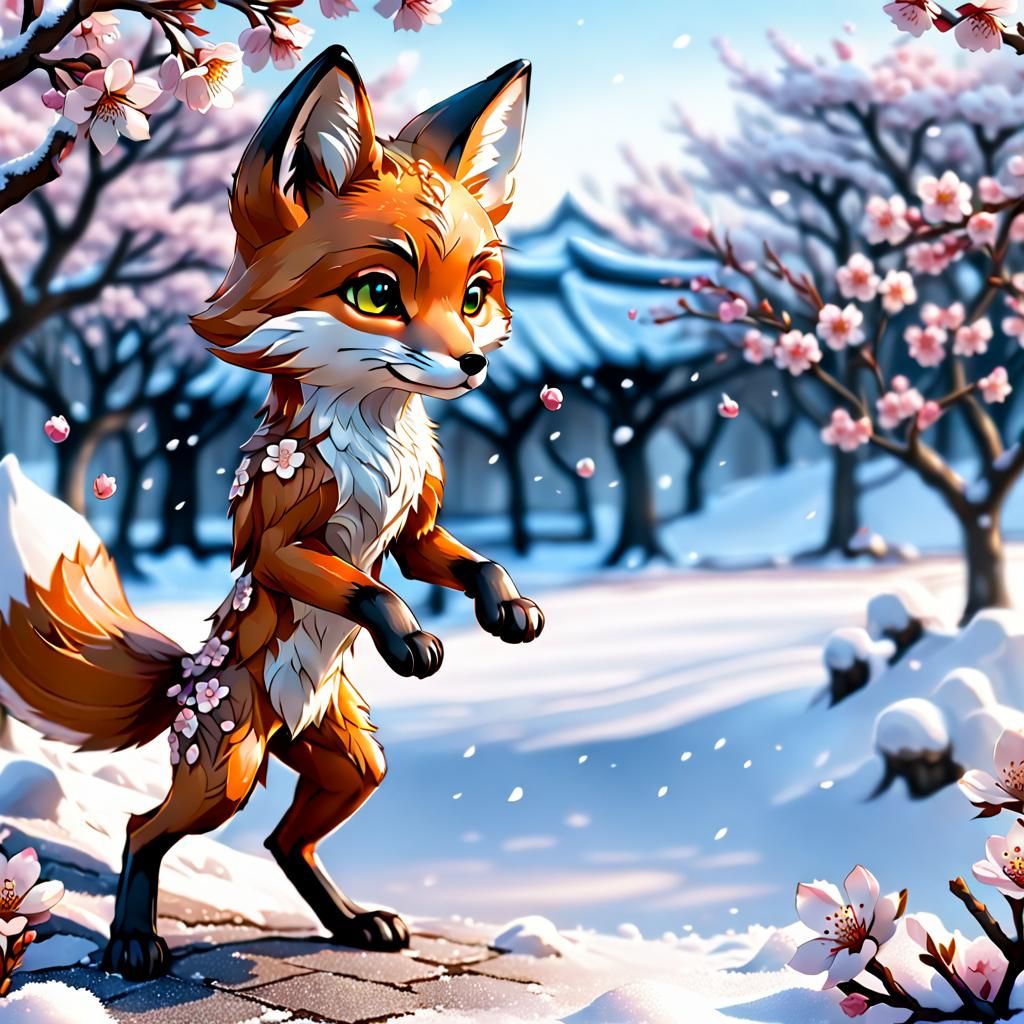 Chibi Fox in Snowy Cherry Blossom Scene