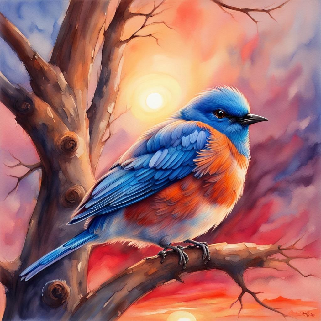 Iridescent Blue Bird at Sunset: Watercolor Art