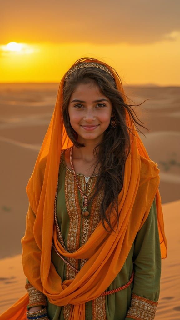 Teenage Girl in the Sahara Desert, Softly Lit Portrait