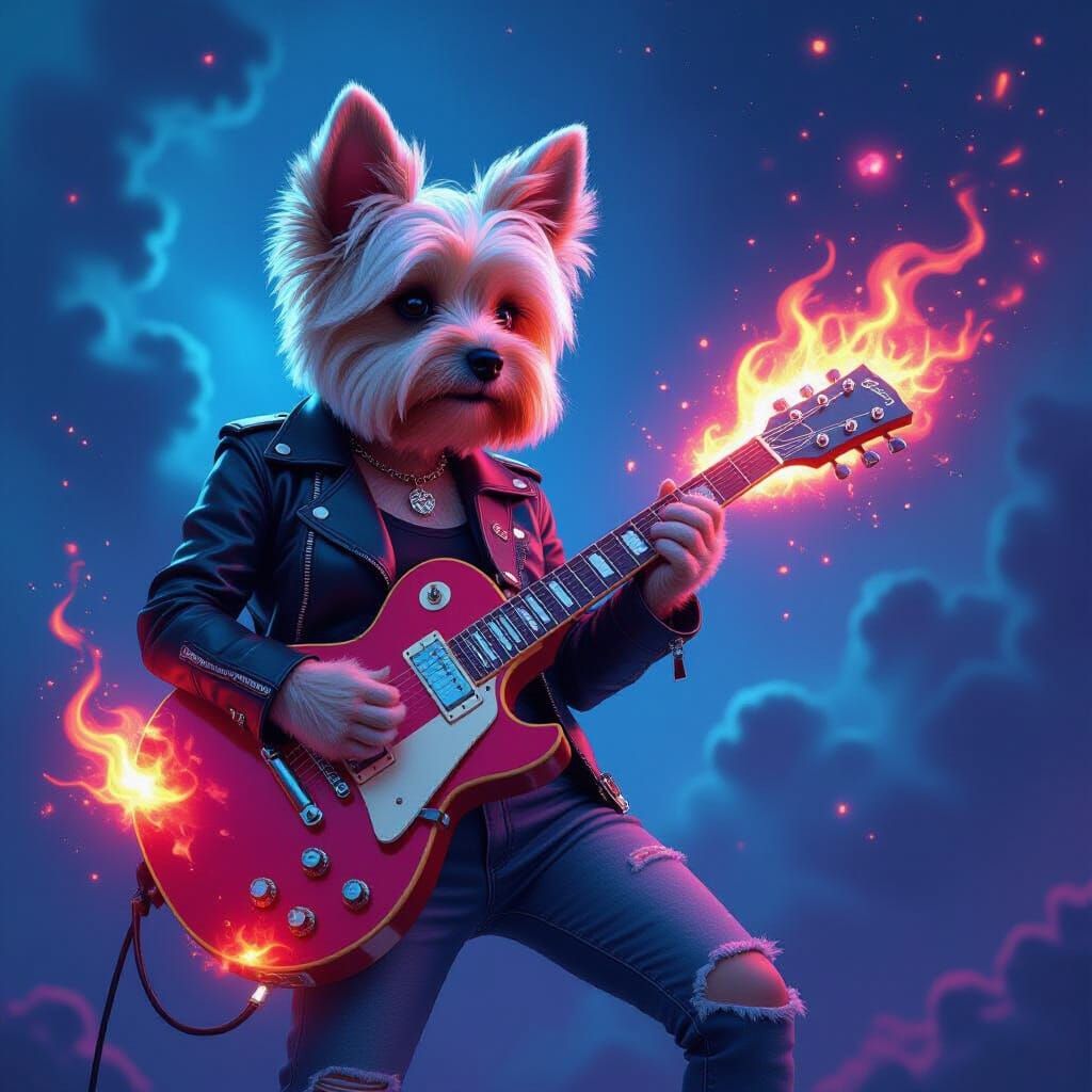 Yorkie Rockstar Shreds Guitar in Cosmic Nebula