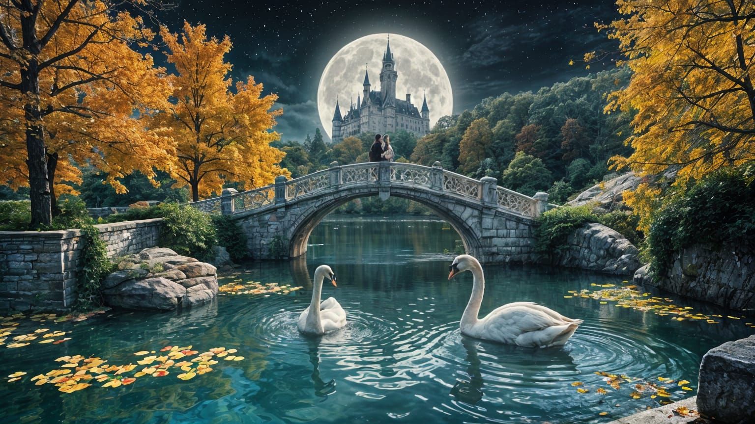 Moonlit Bridge with Lovers and Swans