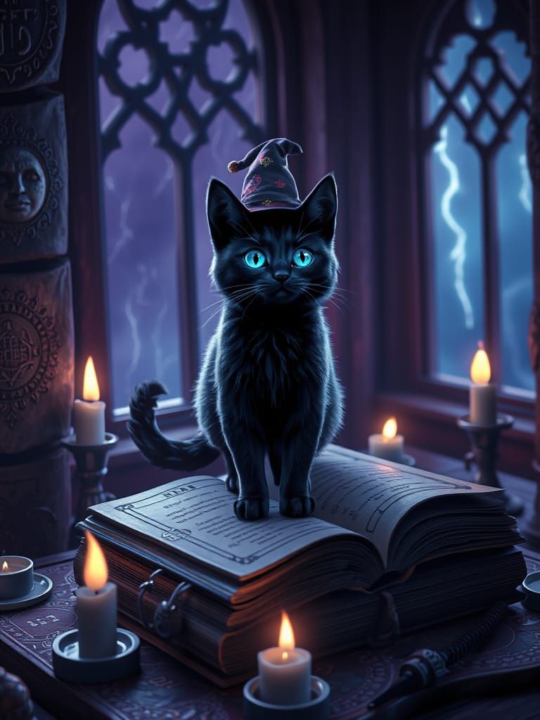 Mystical Black Cat Enchants Ancient Spellbook