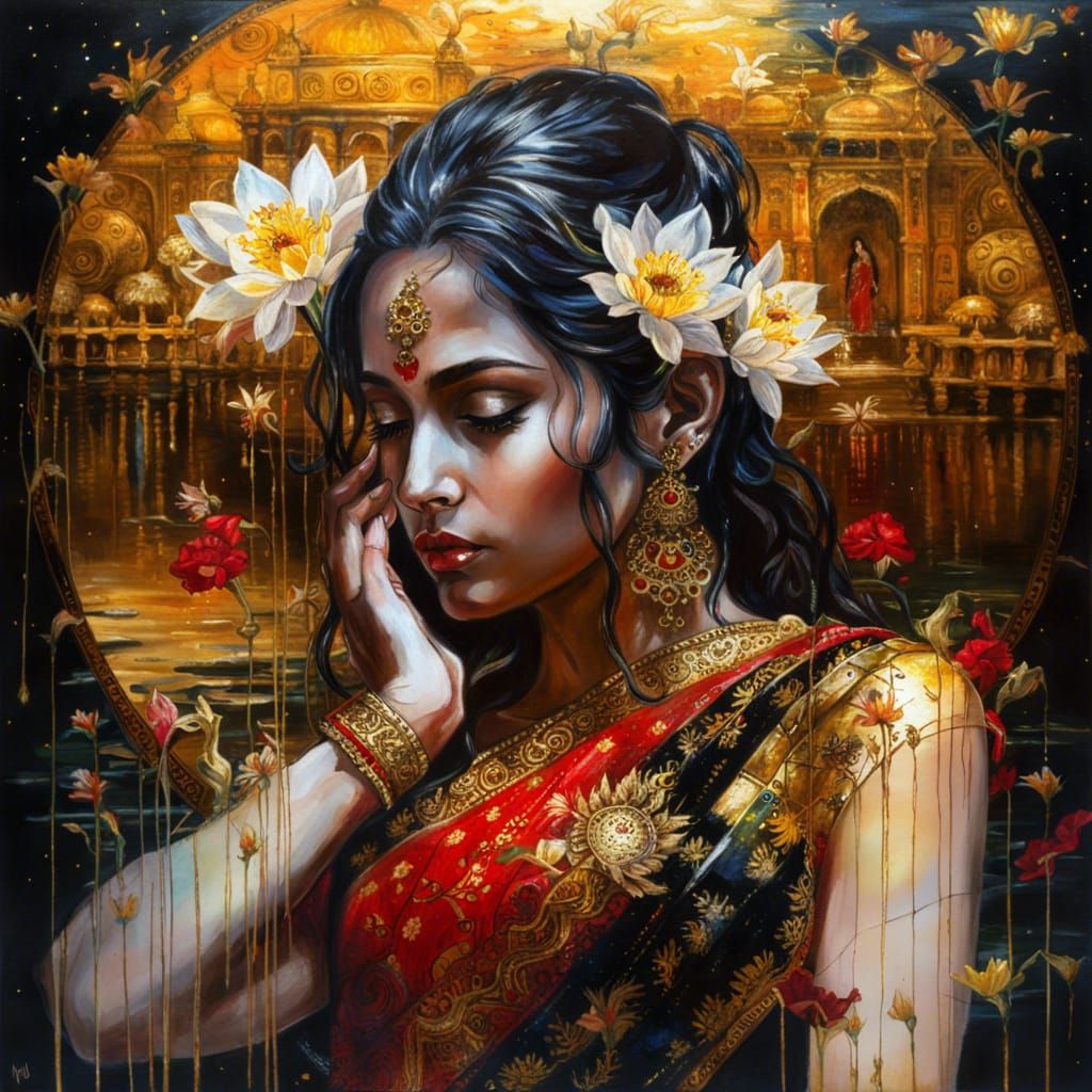 Ethereal Devdasi in Richly Ornate Saree Against Cosmic Background